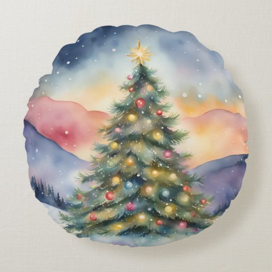 冬のクリスマスツリー 雪景色 日没の風景 ラウンドクッション (正面)