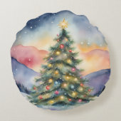 冬のクリスマスツリー 雪景色 日没の風景 ラウンドクッション (裏面)