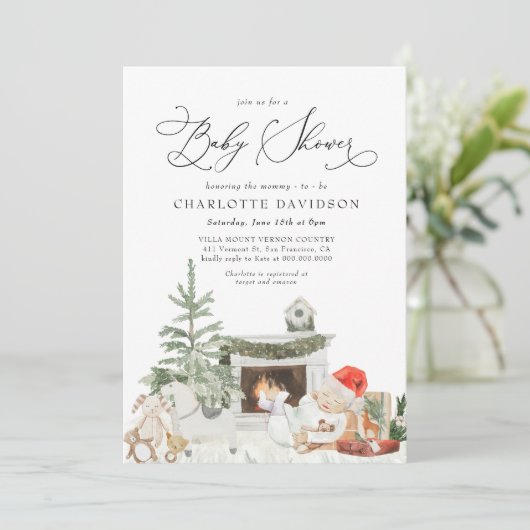 冬のクリスマスツ素朴リーの格子縞のベビーシャワー 招待状 (スタンド正面)