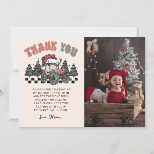 冬のクリスマストラックの誕生日パーティーの写真 サンキューカード (正面)