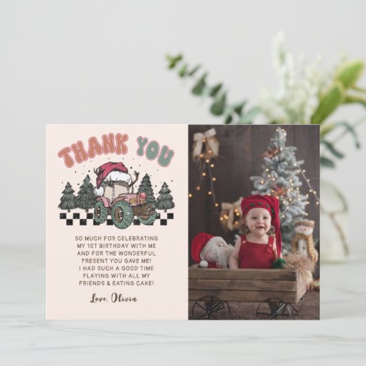 冬のクリスマストラックの誕生日パーティーの写真 サンキューカード (スタンド正面)