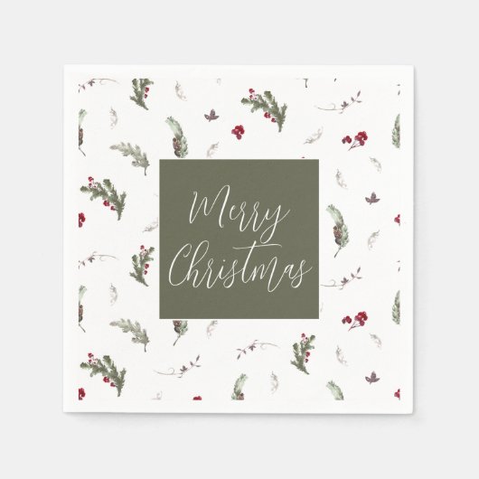 冬のクリスマスナプキンズグリーンホワイトバーガンディ スタンダードカクテルナプキン (正面)
