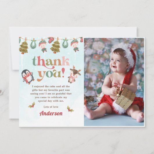 冬のクリスマスバースデーパーティーの写真 サンキューカード (正面)