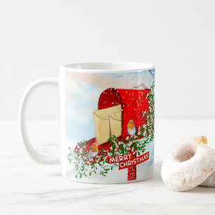 冬のクリスマスバードと赤いポストボックス コーヒーマグカップ