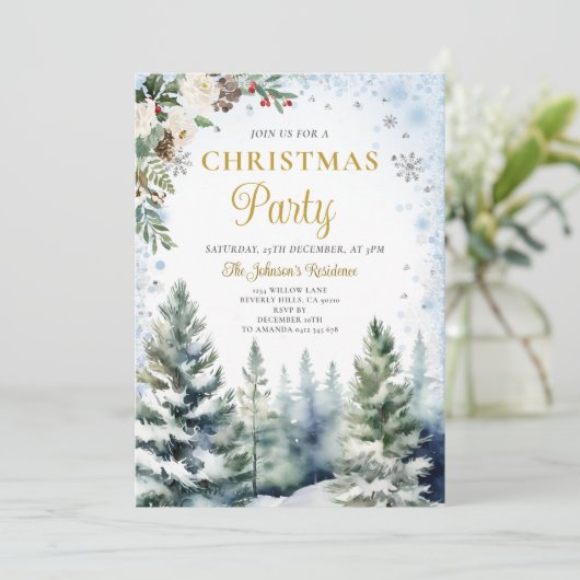 冬のクリスマスパーティーホワイト&ブルースノーフレーク 招待状 (スタンド正面)