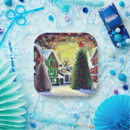 冬のクリスマスビレッジシーン ペーパープレート (パーティー)