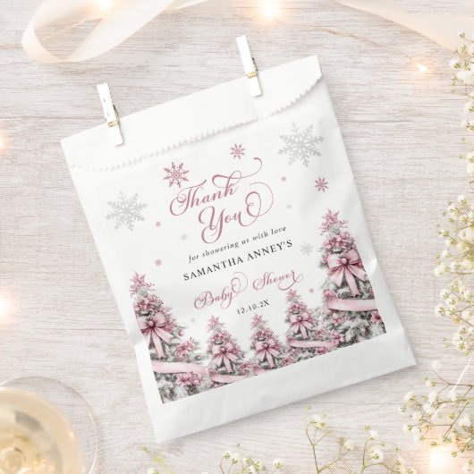 冬のクリスマスピンクの赤ちゃんシャワーありがとう フェイバーバッグ (クリップ留めされた状態)