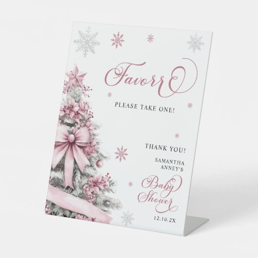 冬のクリスマスピンクの赤ちゃんシャワーの好意サイン 台座サイン (正面)