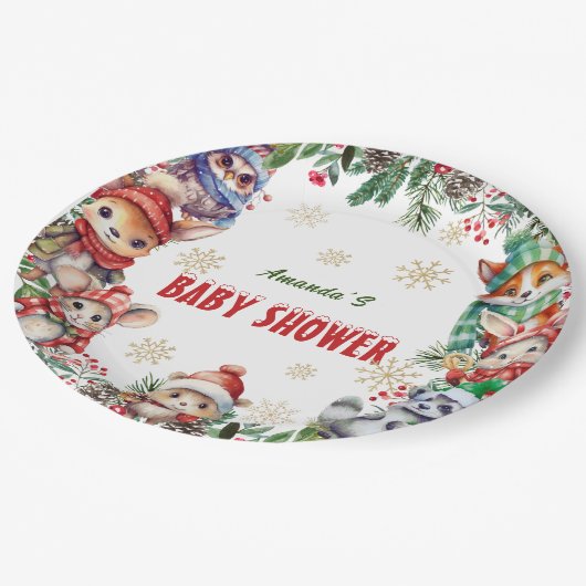 冬のクリスマスフォレストの動物の赤ちゃんシャワー ペーパープレート (アングル)