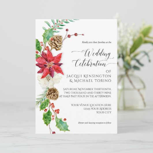 冬のクリスマスフローラレッド金ゴールドポインセティアホリー 招待状 (スタンド正面)