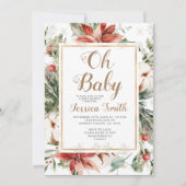 冬のクリスマスフローラ赤ちゃんシャワー雪 招待状 (正面)