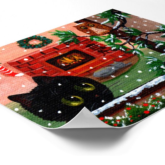 冬のクリスマスブラックキャットフクロウのアート制作 ポスター (角)