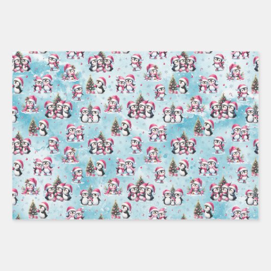 冬のクリスマスブルーとピンクかわいいペンギンのクリスマス ラッピングペーパーシート (正面2)