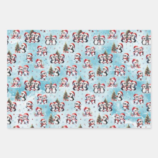 冬のクリスマスブルーと赤かわいいペンギンのクリスマス ラッピングペーパーシート (正面)