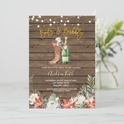 冬のクリスマスブーツと泡立つブライダルシャワー 招待状 (スタンド正面)