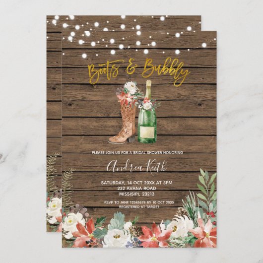 冬のクリスマスブーツと泡立つブライダルシャワー 招待状 (正面/裏面)