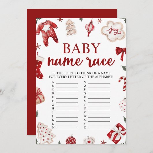 冬のクリスマスベビー名レース赤ちゃんシャワーゲーム 招待状 (正面/裏面)