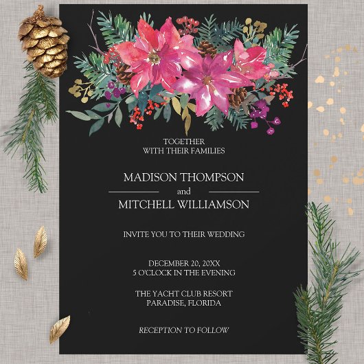 冬のクリスマスホリデー 水彩 ポインセチア 招待状