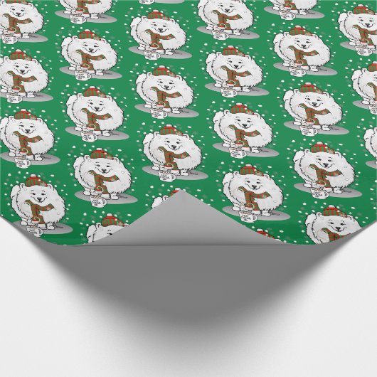 冬のクリスマスポメラニア犬（白）ドッグスカーフ雪 ラッピングペーパー (コーナー)