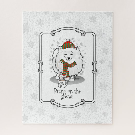 冬のクリスマスポメラニア犬（白）犬かわいい雪 ジグソーパズル (縦)