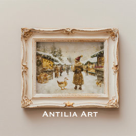 冬のクリスマスマーケット絵を描の雪の村 ポスター