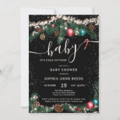 冬のクリスマスライト雪のように松の赤ちゃんシャワー 招待状 (正面)