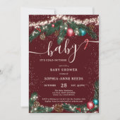冬のクリスマスライト雪のように松の赤ちゃんシャワー 招待状 (正面)