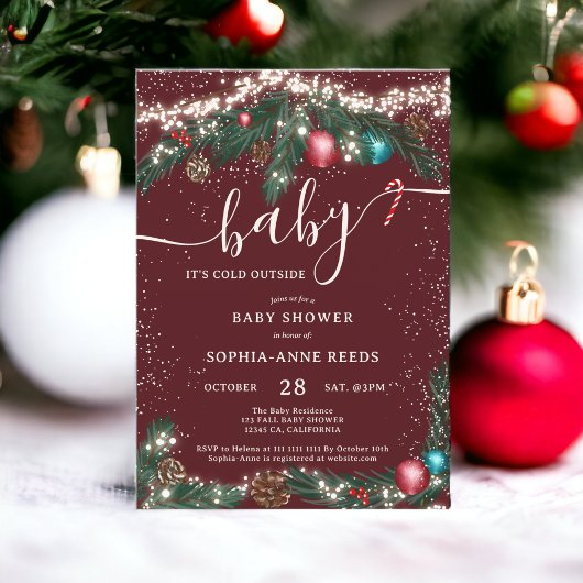 冬のクリスマスライト雪のように松の赤ちゃんシャワー 招待状