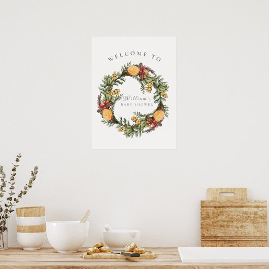 冬のクリスマスリースベビーシャワーウェルカム ポスター (キッチン)