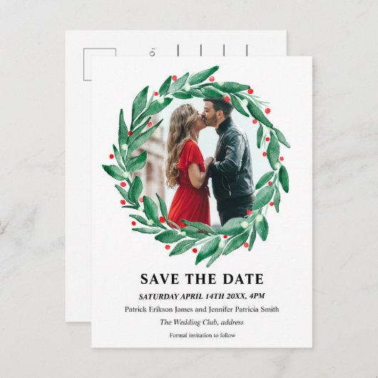 冬のクリスマスリース結婚式の日付を保存 案内ポストカード (正面/裏面)