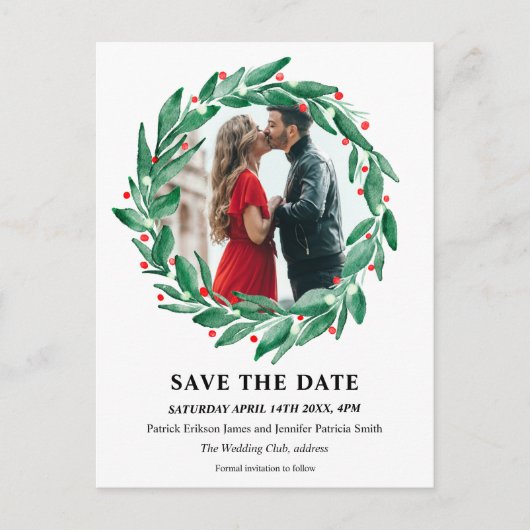 冬のクリスマスリース結婚式の日付を保存 案内ポストカード (正面)