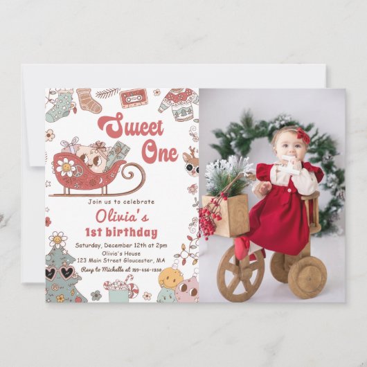 冬のクリスマスレトロスウィートワンの誕生日 招待状 (正面)