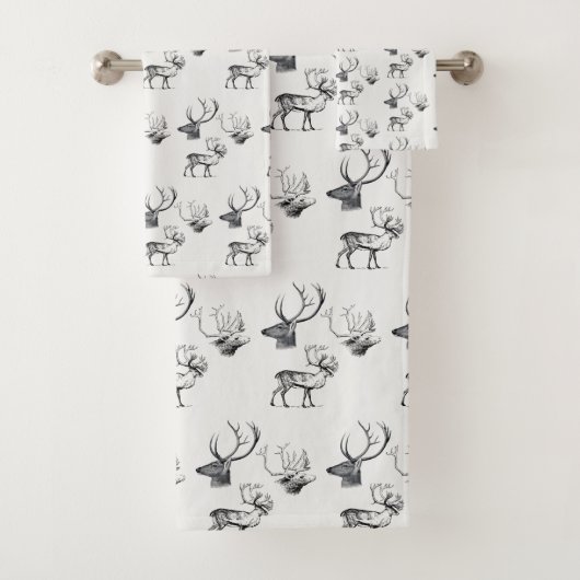 冬のクリスマスヴィンテージ鹿ヘッド〔雄ジカの〕枝角パターン バスタオルセット (インサイチュ)