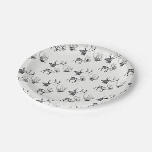 冬のクリスマスヴィンテージ鹿ヘッド〔雄ジカの〕枝角パターン ペーパープレート (アングル)