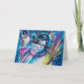 冬のクリスマス挨拶にフクロウを添えた雪だるま シーズンカード (正面)