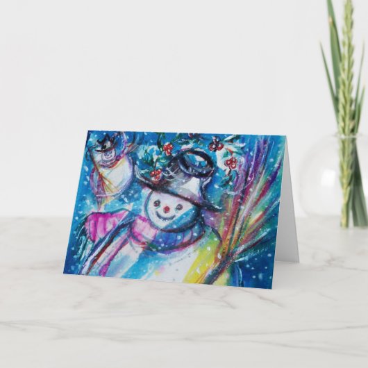 冬のクリスマス挨拶にフクロウを添えた雪だるま シーズンカード (正面)