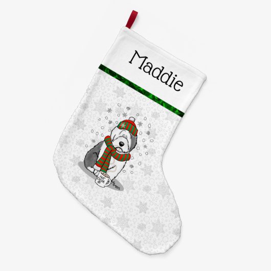 冬のクリスマス旧英語シェプドグレイ1かわいい ラージクリスマスストッキング (正面 (吊り時))