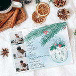 冬のクリスマス結婚のイニシャル4枚の写真グリッド 招待状<br><div class="desc">ミニマモダンリストカジュアルのイニシャル写真結婚の、完璧な小さな式結婚。冬のクリスマスワンダーランドのテーマ、水彩氷の青いクリスマスの装飾とイニシャルと青と白の雪の多い水色の背景に緑の松の枝と赤のミスタントーの果実とカップルの写真とイニシャルの4つを追加する。</div>