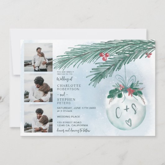冬のクリスマス結婚のイニシャル4枚の写真グリッド 招待状 (正面)