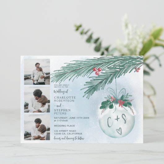 冬のクリスマス結婚のイニシャル4枚の写真グリッド 招待状 (スタンド正面)