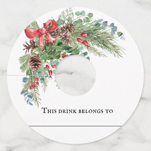 冬のクリスマス結婚パーティーの松の花束 ワイングラスタグ (正面)