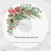 冬のクリスマス結婚パーティーの松の花束 ワイングラスタグ (裏面)