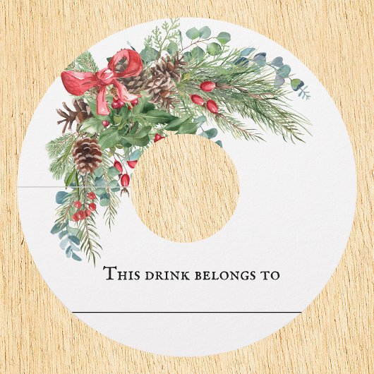 冬のクリスマス結婚パーティーの松の花束 ワイングラスタグ