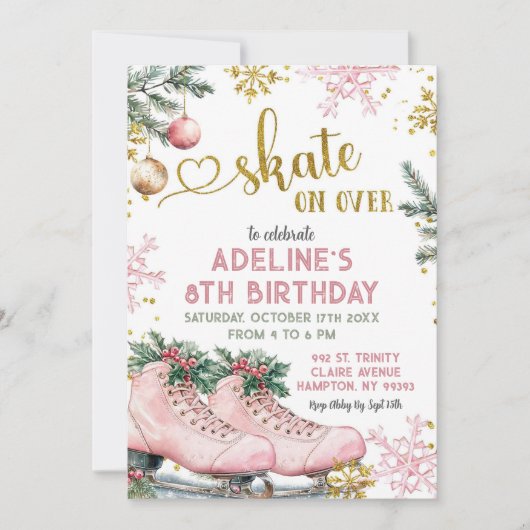 冬のクリスマス誕生日の少女の上のピンクのスケート 招待状 (正面)