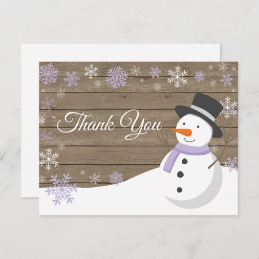 冬のクリスマス雪だるま紫サンキューカード サンキューカード (正面/裏面)