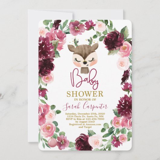 冬のクリスマス かわいい鹿の赤ちゃんのシャワー 女の子 招待状 (正面)