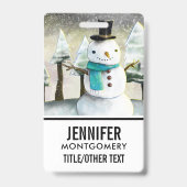 冬のクリスマス シーンの遊び心のある雪だるま バッジ (裏面)