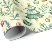 冬のクリスマス シーン、木、プレゼント & オーナメント ラッピングペーパー (ロールコーナー)