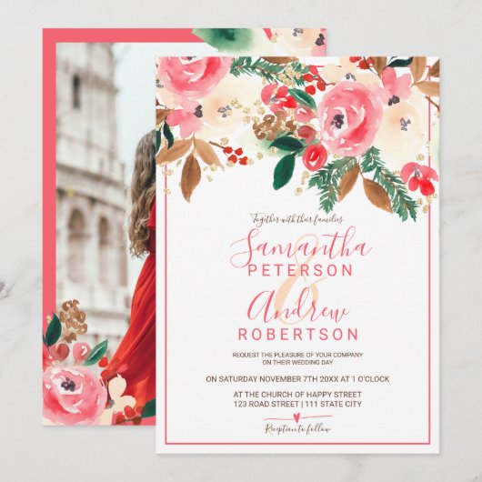 冬のクリスマス フラワーミズマス写真 ウェディング 招待状 (正面/裏面)