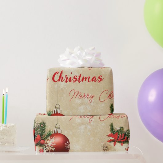 冬のクリスマス 赤いガラスの玉の松の木 ラッピングペーパー (パーティーギフト)